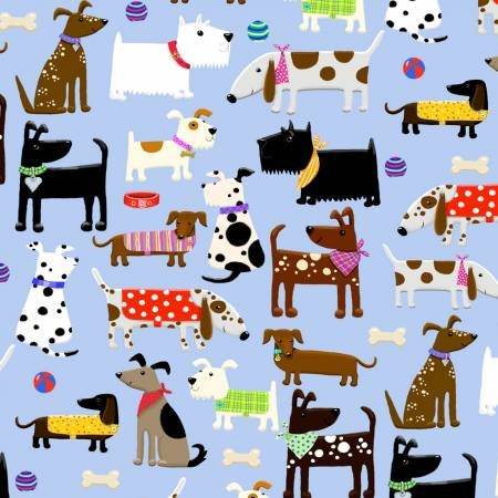 Close up of fabric with lots of different types of dogs on a blue background