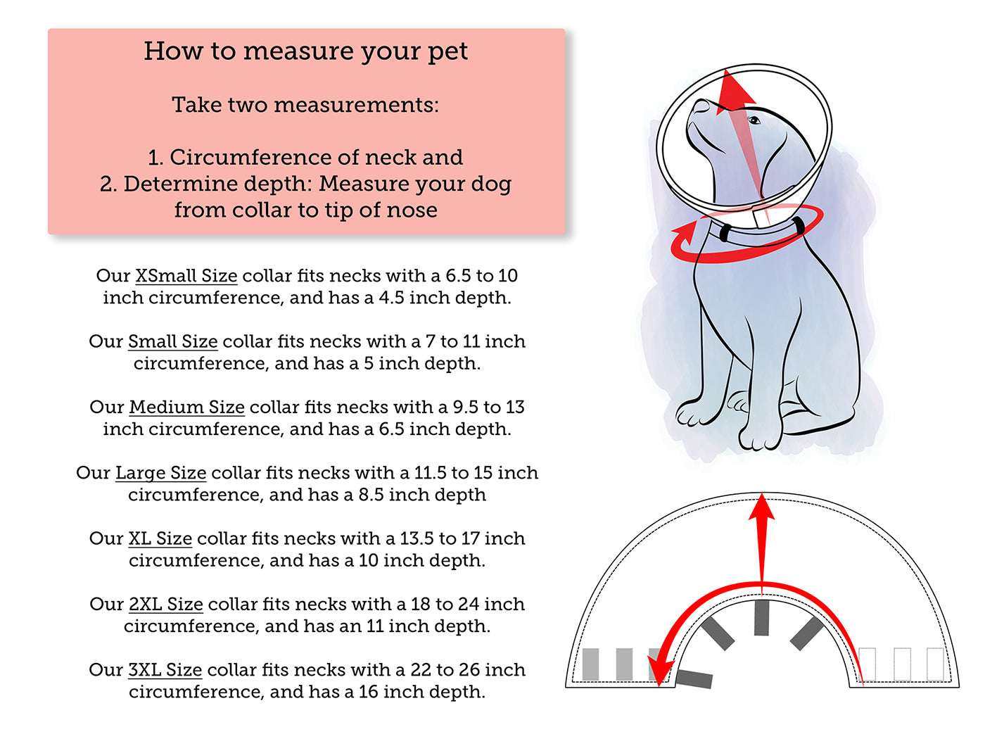 How to measure, includes a diagram of a dog and a collar as well as measurements of each size