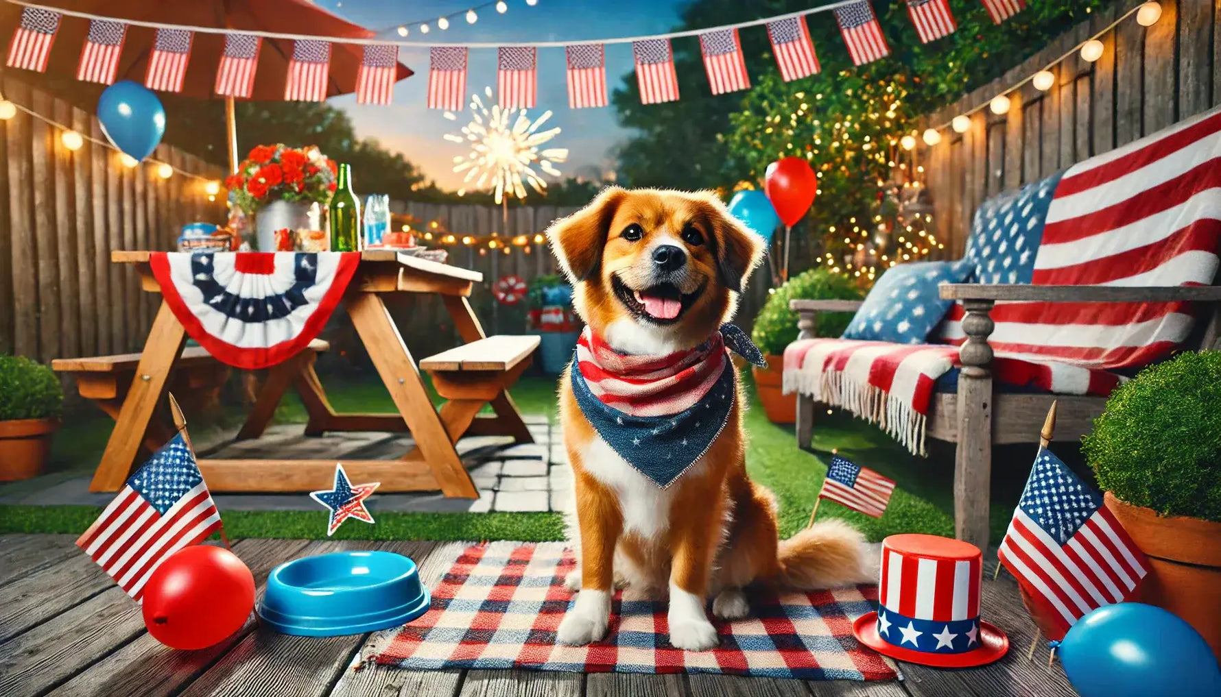 A dog is surrouned by a busy fourth of July scene