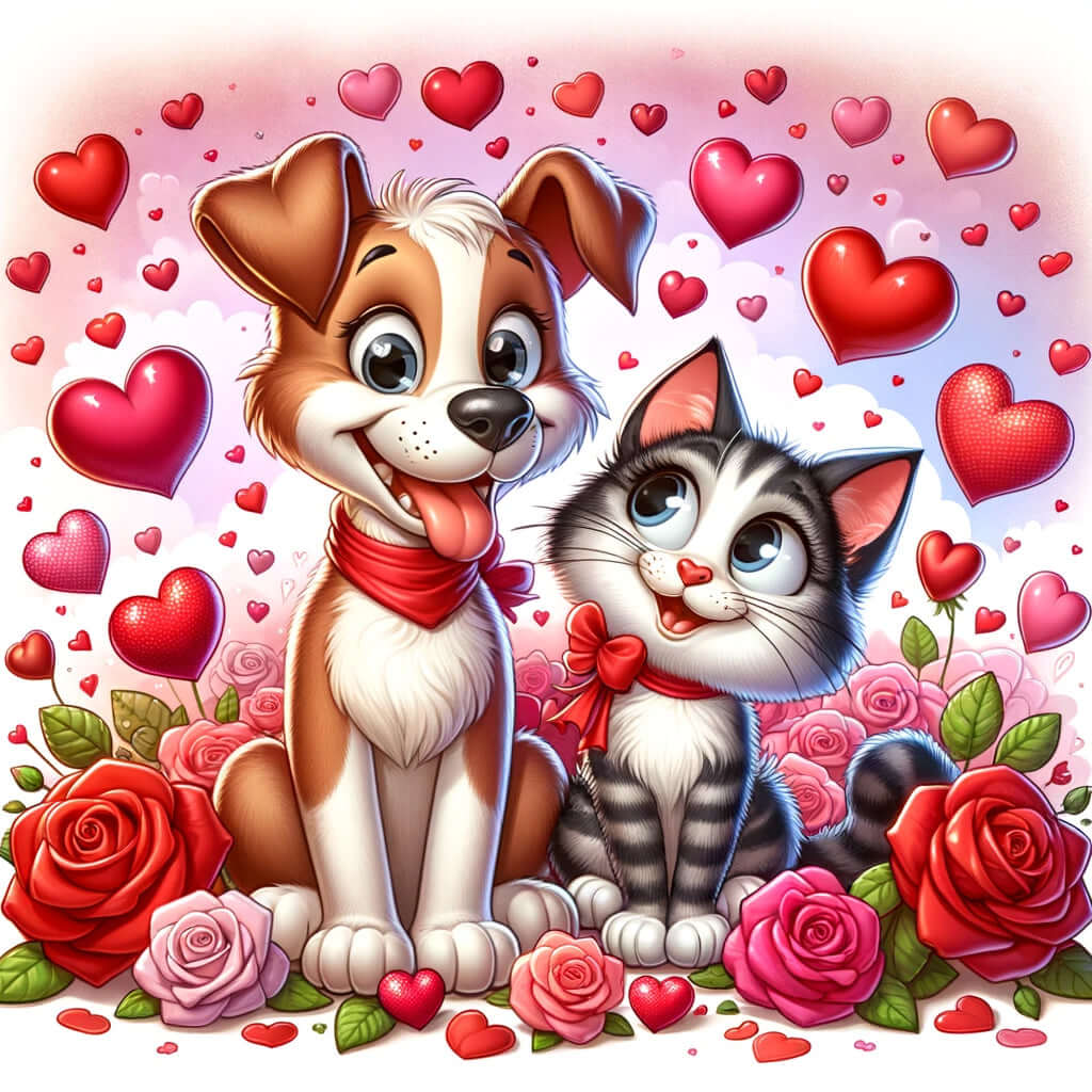 A dog and cat surrounded by hearts