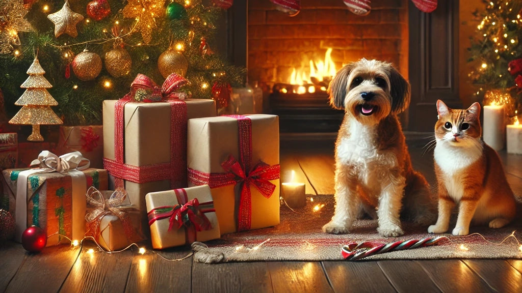 dog and cat in a cheery holiday scene with a christmas tree and stockings in front of a fire