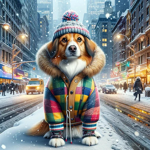 A dog sits in the snow wearing a colorful coat and hat