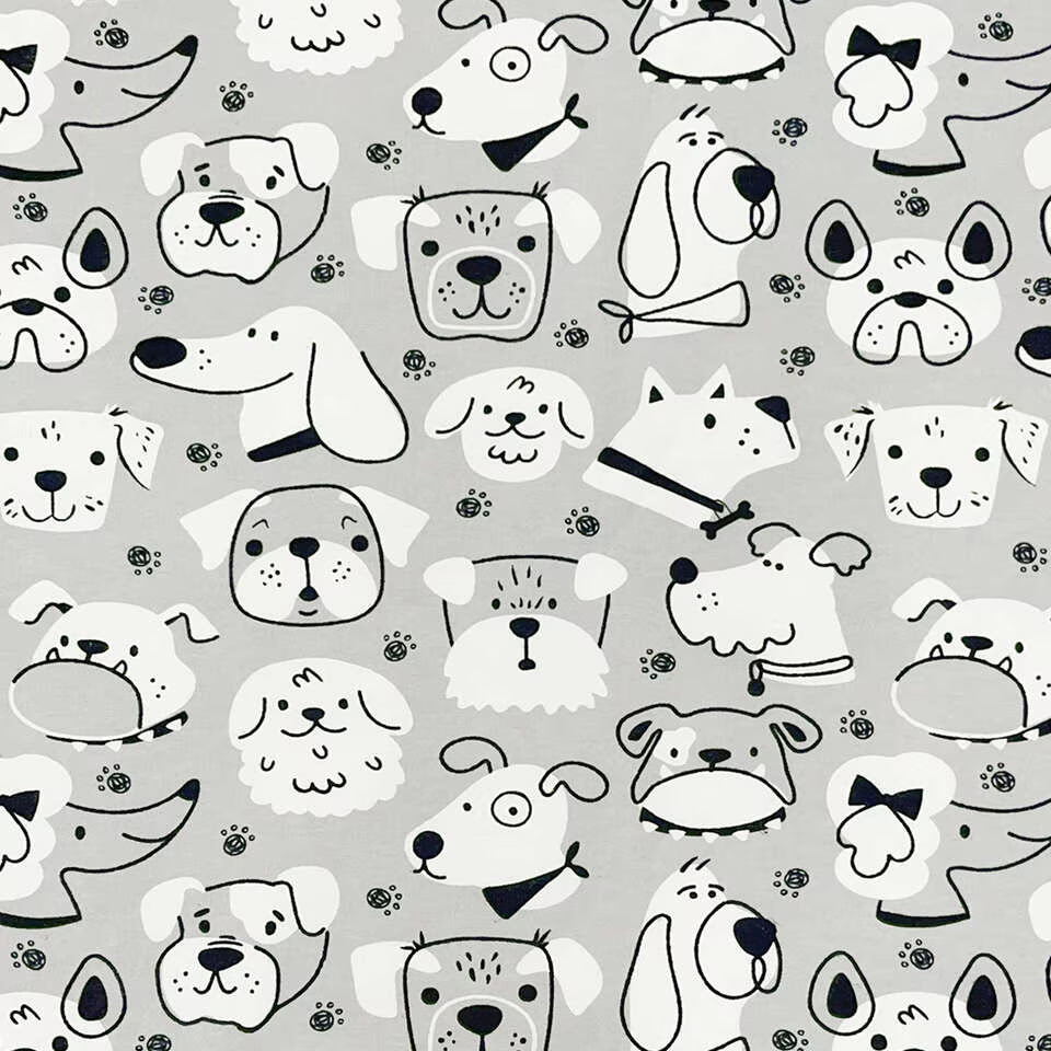 Close up of flannel fabric Dog Portraits on Gray for soft dog cone