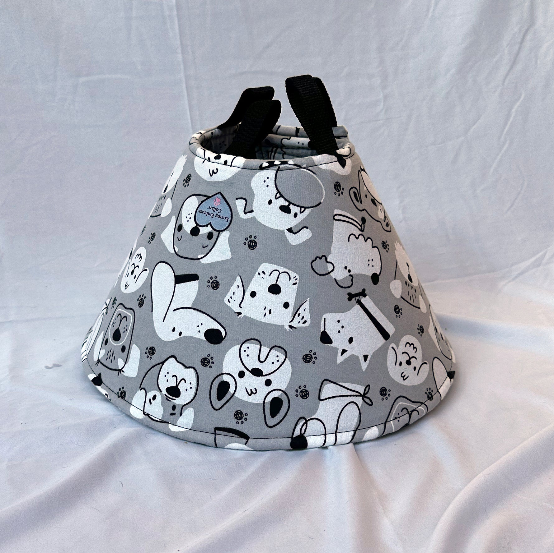 Soft Dog cone in gray with dog portrait flannel fabric.