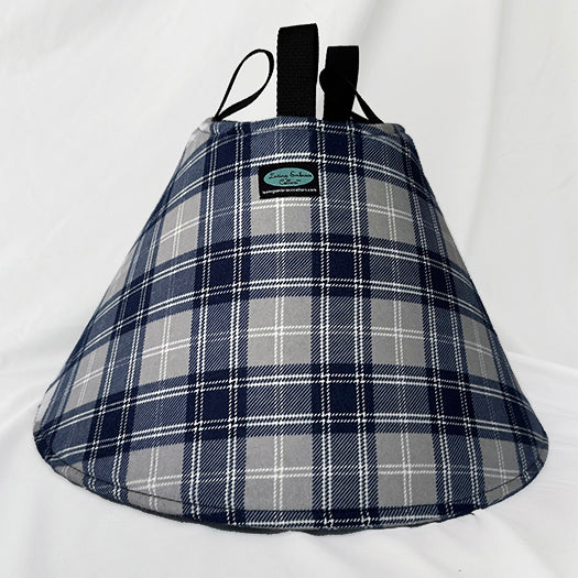 Soft Dog cone in blue plaid flannel fabric with adjustable velcro closure