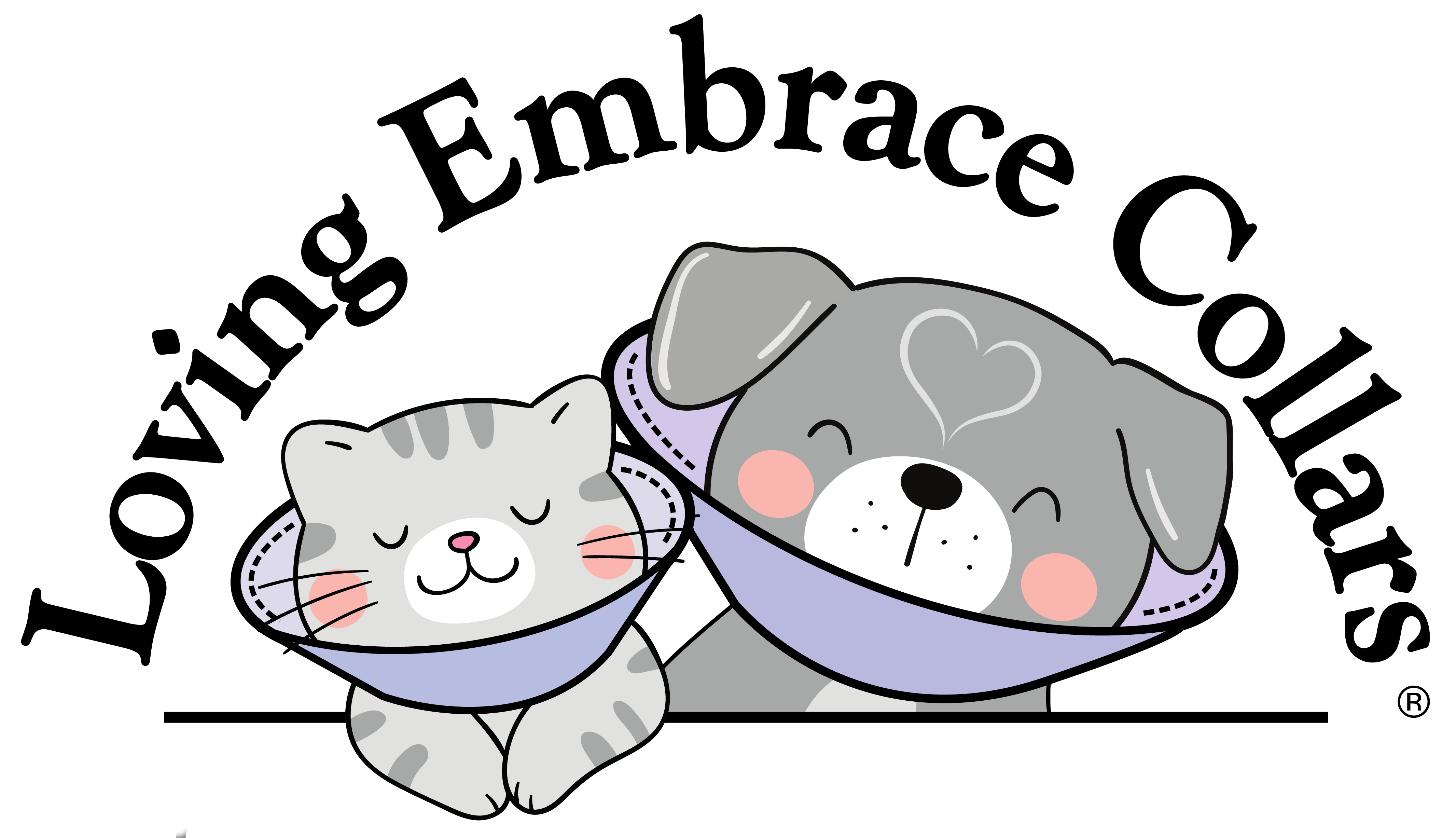 A smiling dog an cat wear matching soft cones with the text Loving Embrace Collars overhead.