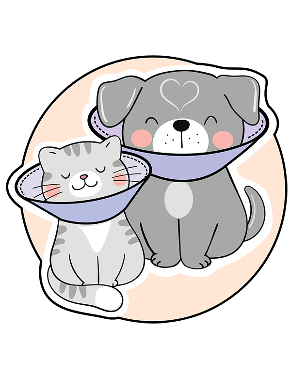 Round logo for Loving Embrace Collars with a dog and cat wearing soft cones